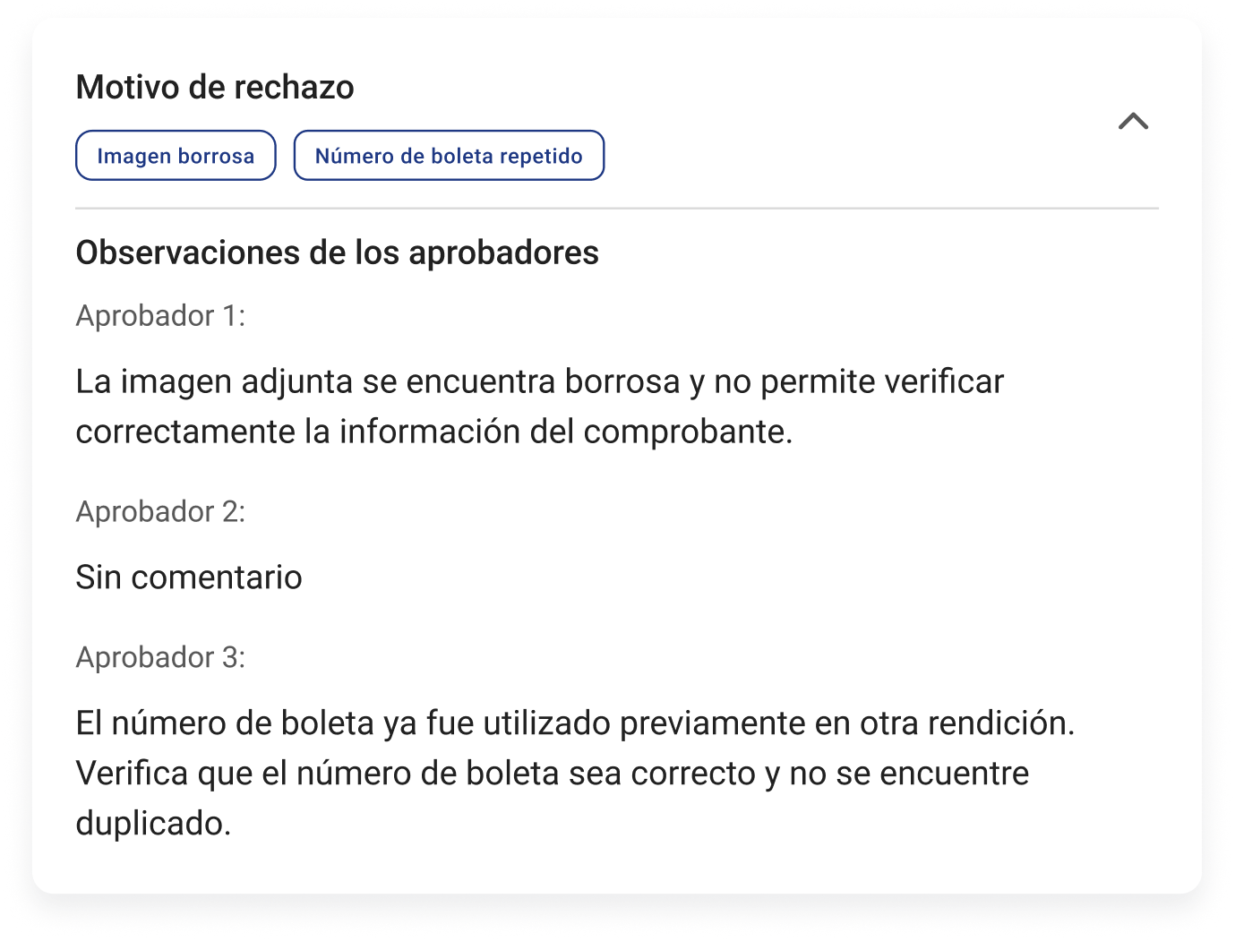 Detalle de motivo de rechazo y observaciones de aprobadores