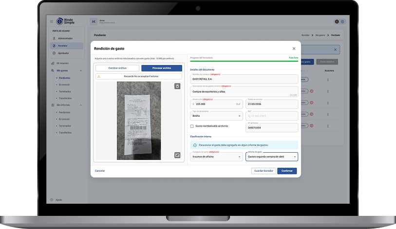 Vista de rendición automatizada con IA en RindeSimple